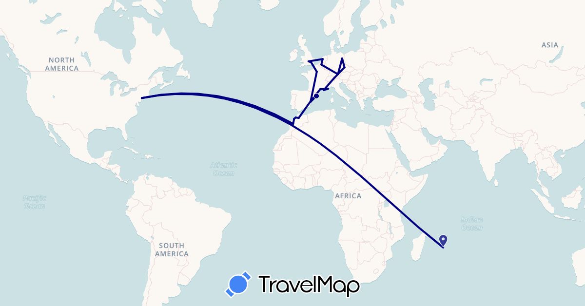 TravelMap itinerary: driving in Belgium, Czech Republic, Germany, Spain, France, United Kingdom, Morocco, Mauritius, Netherlands, United States (Africa, Europe, North America)